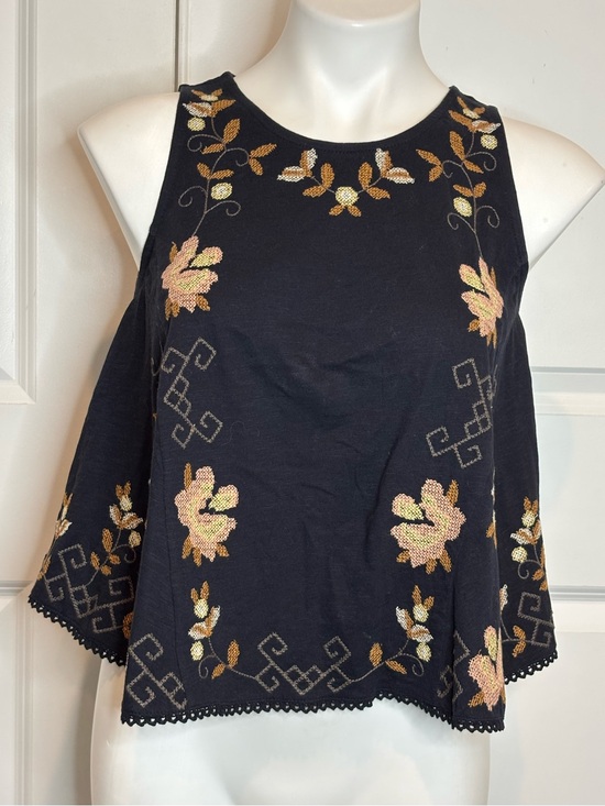 Free People Tops - Free People Black Embroidered Cross Stitch Floral Swing Tank S